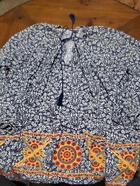 vu Navy Blue and White Printed Tunic with Orange Embroidered Hem